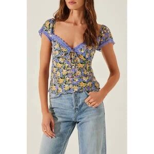Astr Blue and Yellow Floral Lace Blouse